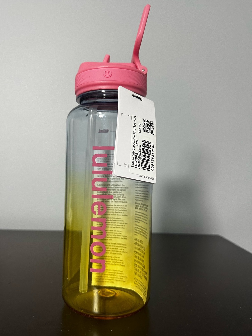 Lululemon Back to Life Clear 32oz Bottle w/ Straw Lid BPA Free Pink & Yellow NWT
